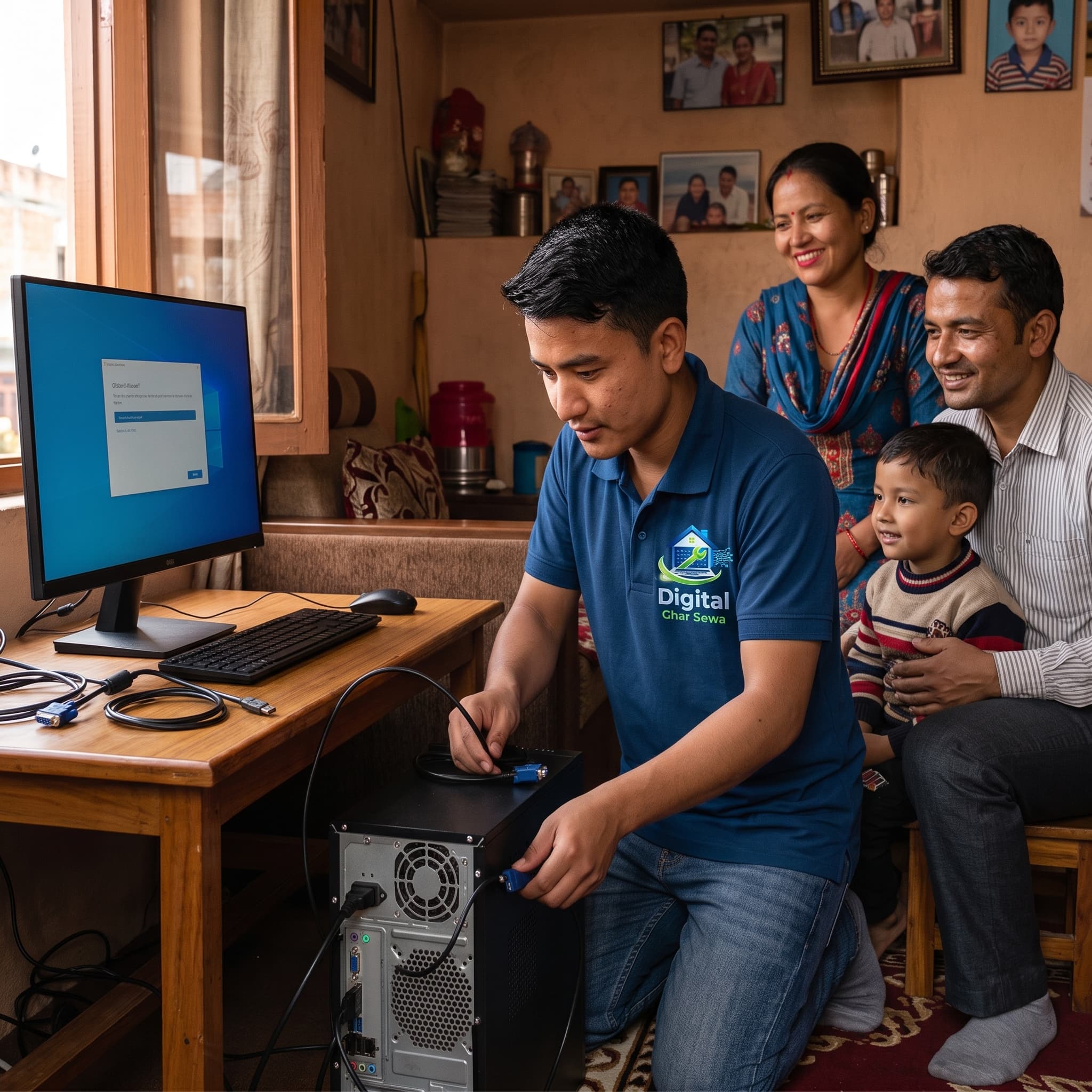 DigitalGharSewa technician setting up a computer in a customer's home